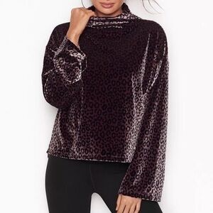Victoria's Secret Sport Velour Leopard Print Mock Neck Bell Sleeve Pullover Top
